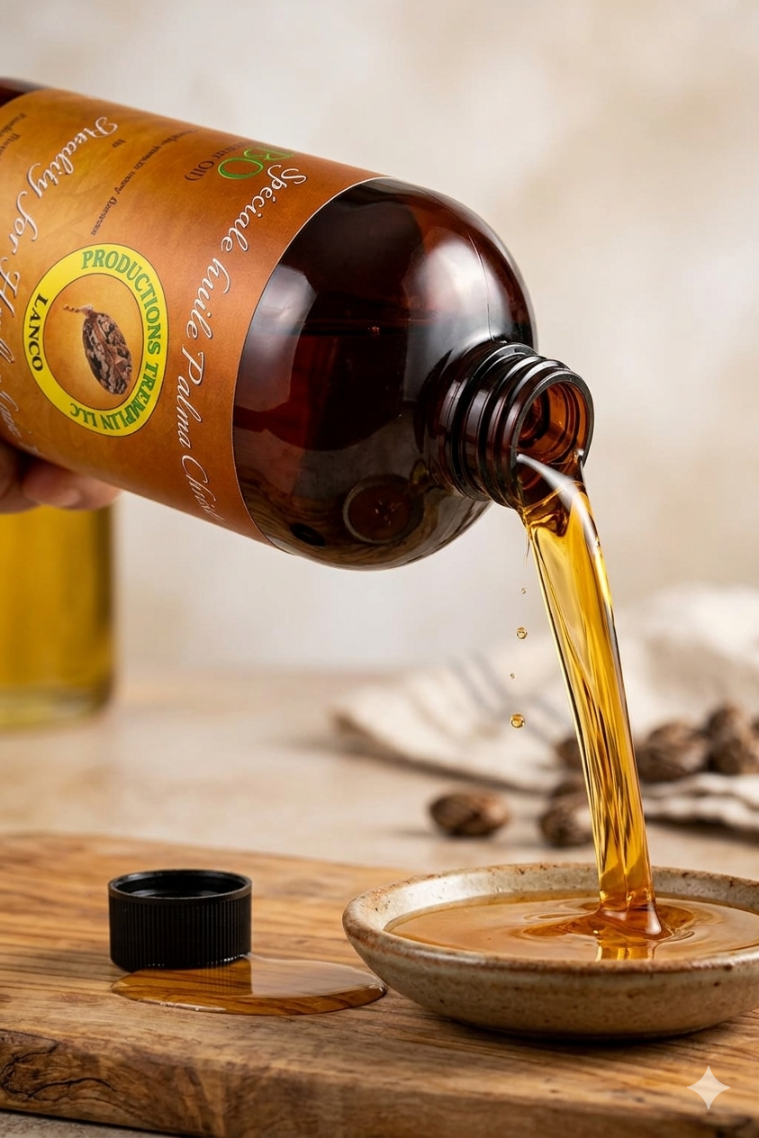 LANCO castor oil being poured into a ceramic bowl